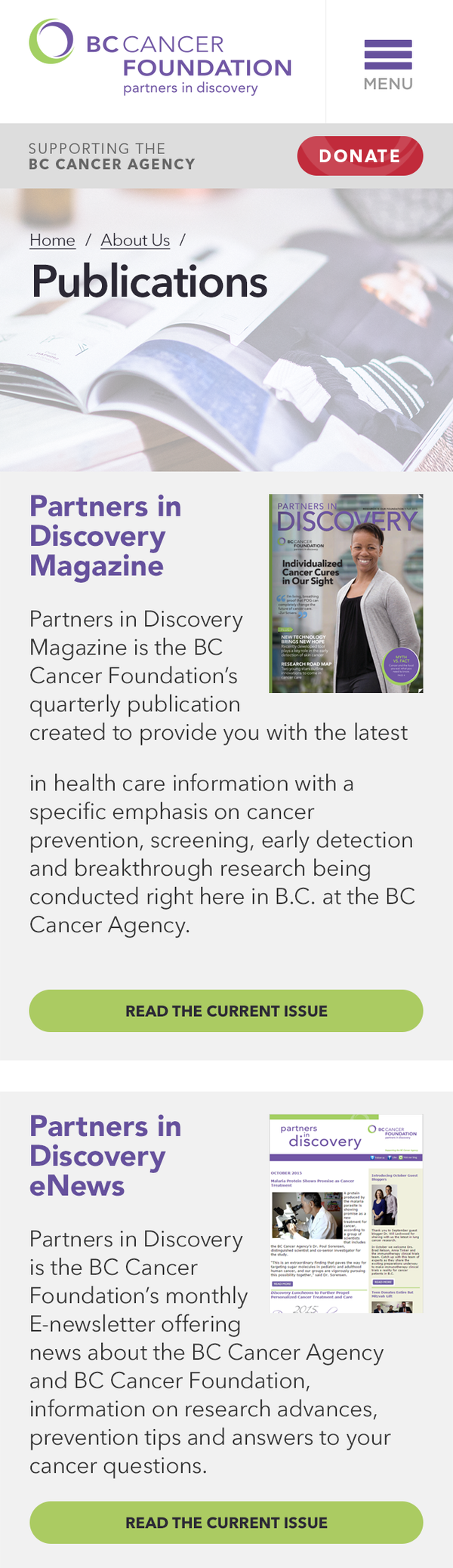 A screenshot of the BC Cancer Foundation website on a small screen.