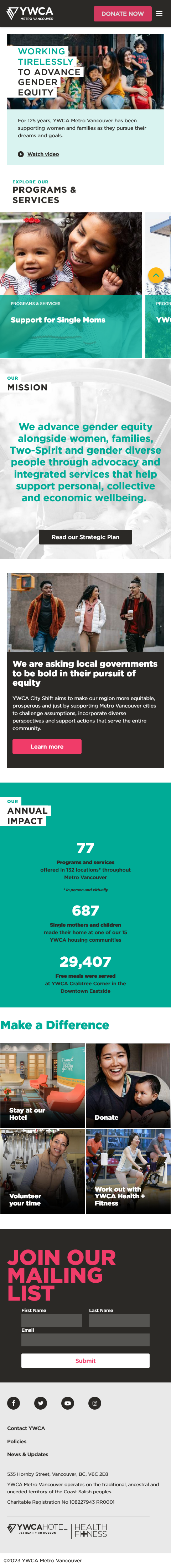 YWCA Metro Vancouver website project, screenshot of homepage on small screen